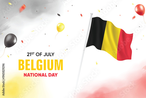 Belgium National Day. Belgium Flag Waving With Floating Balloons On Watercolor Grunge Backgorund Design Vector Illustration.