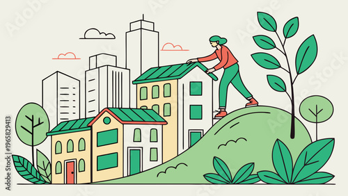 Green living and sustainable lifestyle urban community tiny person concept. Nature protection for environmental and ecological future vector illustration. City with green rooftops and lush greenery
