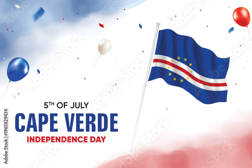 Cape Verde Independence Day. Cape Verde Flag Waving With Floating Balloons On Watercolor Grunge Backgorund Design Vector Illustration.