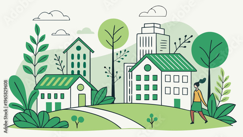 Green living and sustainable lifestyle urban community tiny person concept. Nature protection for environmental and ecological future vector illustration. City with green rooftops and lush greenery