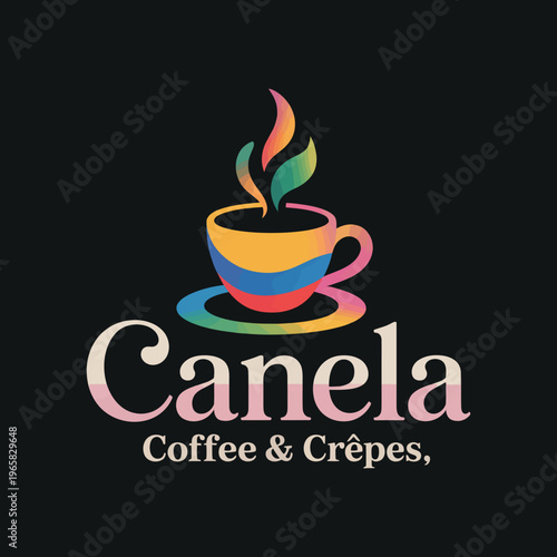 Canela coffee and crêpes colorful logo design with coffee cup and steam