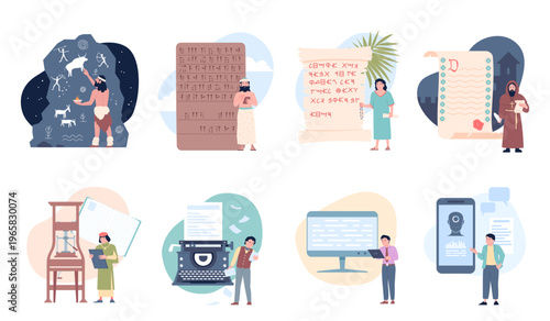 Evolution of writing. Development of write, from stone to modern smart technologies. People different eras making texts with typewrite, press, on parchment, recent vector set