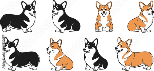 Corgi Dog Vector Set Illustrations Featuring Black and Tan, Sitting and Side Poses in Cute Cartoon Style for Pets, Puppies, Children’s Books, and Animal Designs