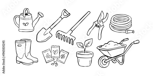 Hand drawn gardening tools set with wheelbarrow and equipment