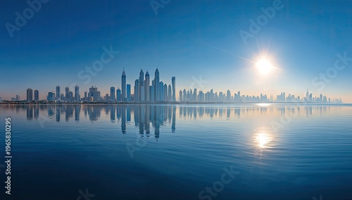 Panoramic view of a modern cityscape with reflections in calm water at dawn