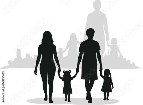 Black silhouette of a family walking with two young children in front of a grey cityscape parents