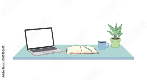 Clean Workspace Vector with Laptop, Notebook, and Potted Plant