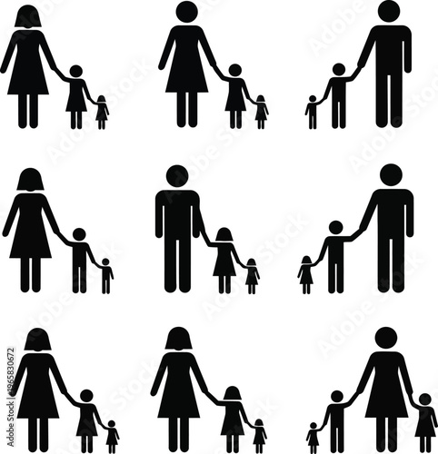 Black stick figure families holding hands on white background family people child parent