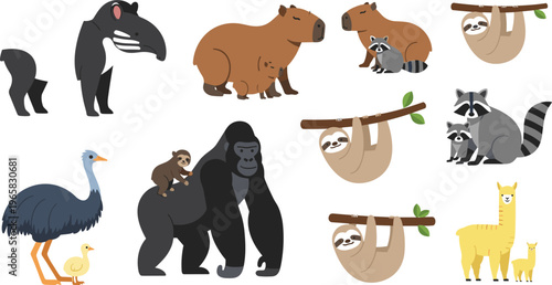 Cute Jungle and Zoo Animals Vector Set with Gorillas, Capybaras, Raccoons, Sloths, Llamas, Tapirs, Ostriches, and Baby Animals for Educational, Web, and Print Designs