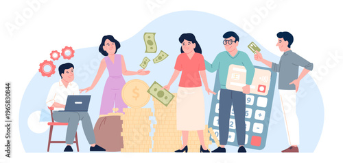 Incoming money. Creative man and financial scheme. People bring coins and banknotes. Teamwork, creating investment ideas, entrepreneurs, recent vector scene