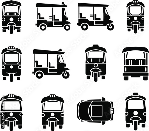 Collection of black and white tuk in various views rickshaw auto rickshaw taxi transportation