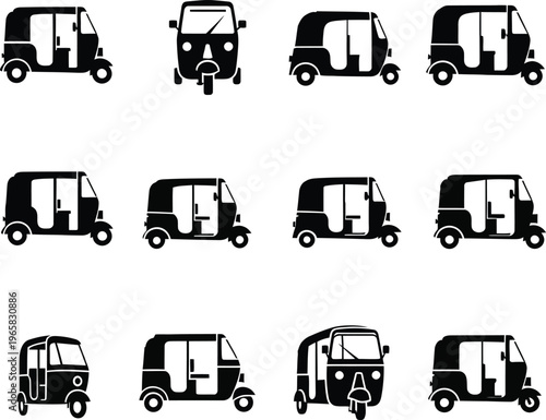 Collection of black auto rickshaw in various side and front views three wheeler vehicle transport