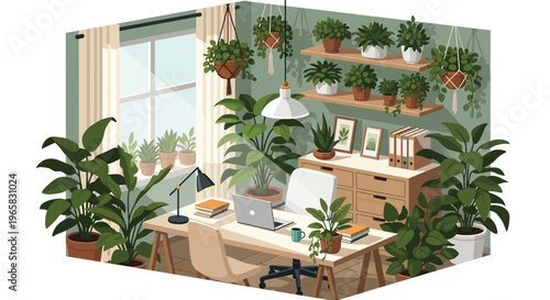 A serene and organized home office surrounded by lush greenery and plants