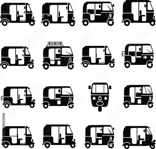 Collection of black silhouette of auto rickshaws in various side and front views three wheeler transport
