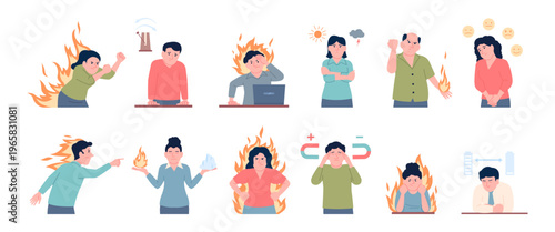 Emotional swings. Different emotions, hate, aggressive, discontent and rage. Male female in burning flame fire. Adults have mental disorder, depression, recent vector set