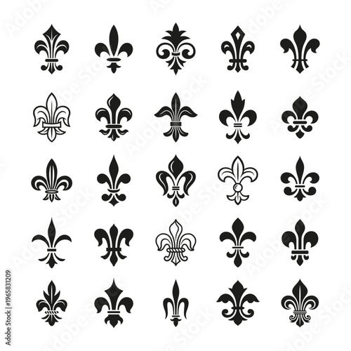 Heraldic lily icons. Fleur de lis emblems, floral royal black silhouettes. Medieval arms and emblems, dynastia symbols. Elegance design tidy vector collection