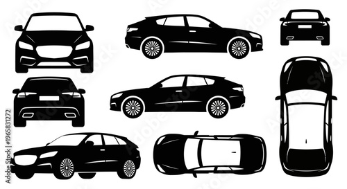 Black Car Silhouettes: Multiple Views - Front, Side, Rear, Top