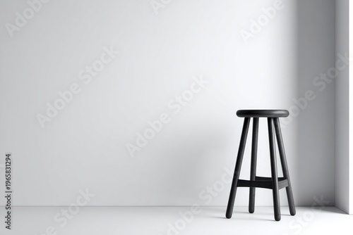 Minimalist black wooden stool in bright empty room