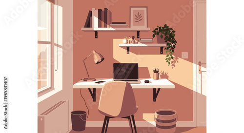 A modern home office with a desk and chair in warm lighting