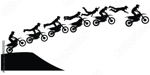 Motorcycle stunt jump silhouettes, extreme sports action, freestyle motocross trick sequence, dynamic rider artwork, adrenaline concept, flat vector illustration