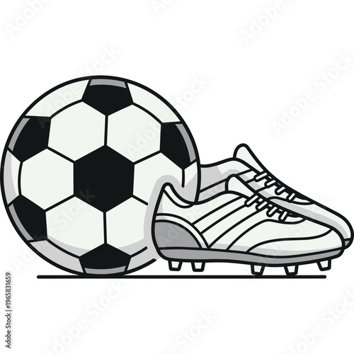 A soccer ball and cleated shoe are positioned together on the ground.