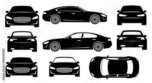 Black Car Silhouettes: Multiple Views - Front, Side, Top