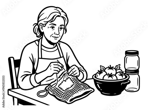 Woman mending reusable produce bag with tomatoes and jars