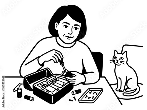 Woman repairing vintage radio with toolkit on table