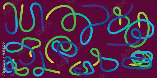 Abstract 3D colorful fluid line composition on dark purple background with neon green and blue gradient curves