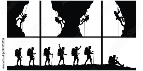 Outdoor adventure silhouettes showing rock climbing, rappelling, hiking with backpack, trekking poles, human endurance, exploration, nature connection, flat vector illustration