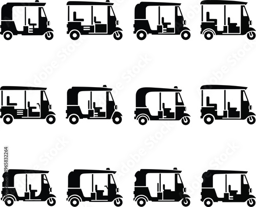 Twelve black silhouette of auto rickshaws in different poses three wheeler transportation vehicle