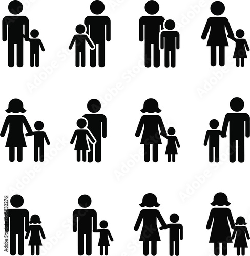 Twelve black silhouette of figures with children family parent male