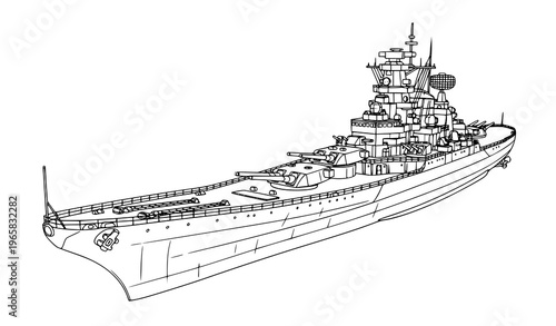Battleship vector sketch illustration detailed naval warship with weapons