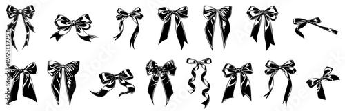 Glossy decorative bows with loops, curls and flowing ribbon tails, elegant shiny bow collection with different shapes and knot styles