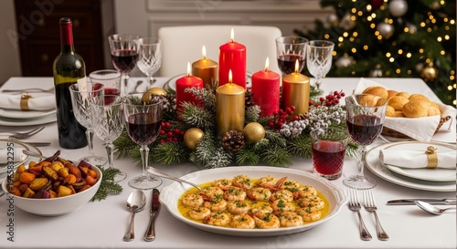 Elegant Christmas Dinner Table with Shrimp Platter and Festive Decor