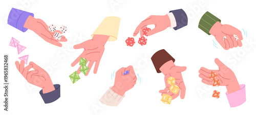 Hands with dices. Human hand with dice for board game. Characters playing tabletop rpg games, shake and roll plastic polyhedral cubes, racy vector set