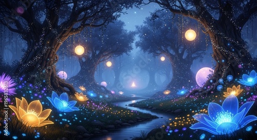 Enchanted Fantasy Forest with Glowing Flowers and Twinkling Lights