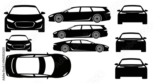 Black Car Silhouettes: Multiple Views of Sedans and Wagons