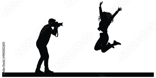 Photographer capturing jump, dynamic action shot, creative photography concept, human silhouette artwork, artistic black design, flat vector illustration