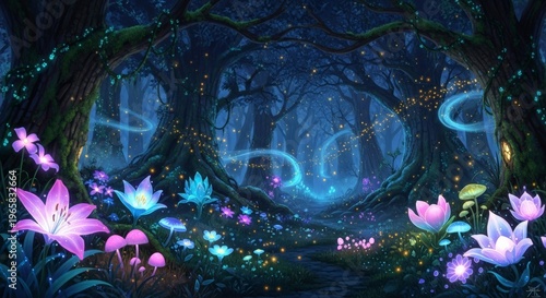 Enchanted Fantasy Forest with Glowing Flowers and Twinkling Lights