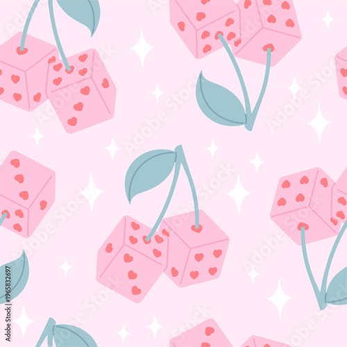 Dice seamless pattern. Cherry dices with hearts and leaf. Creative art girly print for textile fabric wallpaper design. Fashion template, racy vector background
