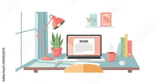 A modern workspace with a laptop and coffee on a desk