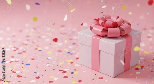 Pink gift box with ribbon and confetti