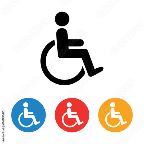 Vector of a black wheelchair symbol and three colored icons for accessibility.