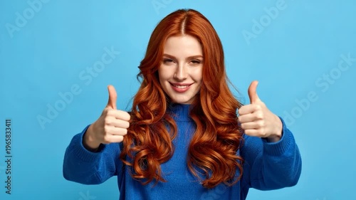 A woman with red hair and a blue sweater smiles with both thumbs up against a blue background