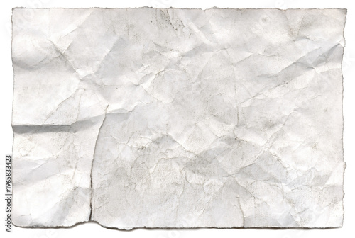 Crumpled sheet of dirty torn paper with detailed texture ripped edges isolated on transparent background for clipart.