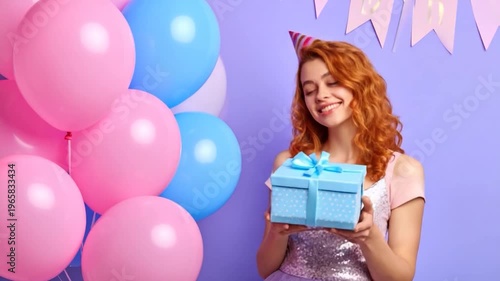 A woman with red hair, party hat, and gift box smiles near balloons on a purple background