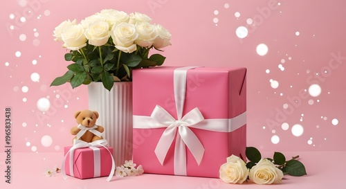 Romantic pink gift box with white roses and teddy bear