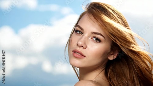 A woman's portrait, focused, with windswept auburn hair and green eyes, set against a cloudy blue sky