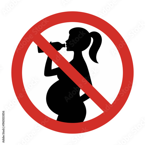 Vector silhouette of a pregnant woman drinking from a bottle in a red prohibited sign